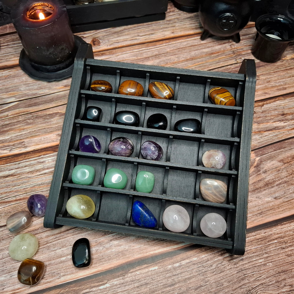 Wooden crystal storage shelf suitable for altar decor and crystal organization.
