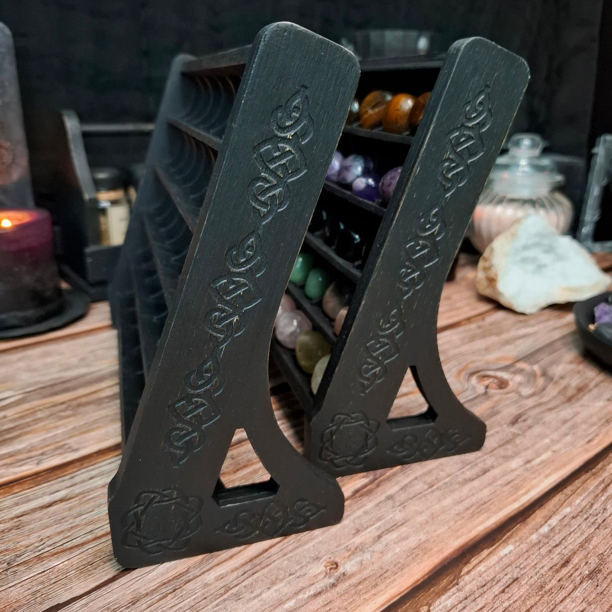Celtic altar crystal storage shelf handcrafted from wood.
