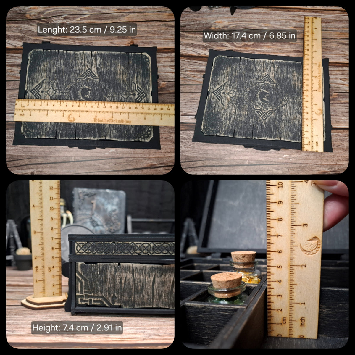 Dimensions of the Celtic ritual storage box, showing the exterior length, width, height, and interior depth for easy size reference.
