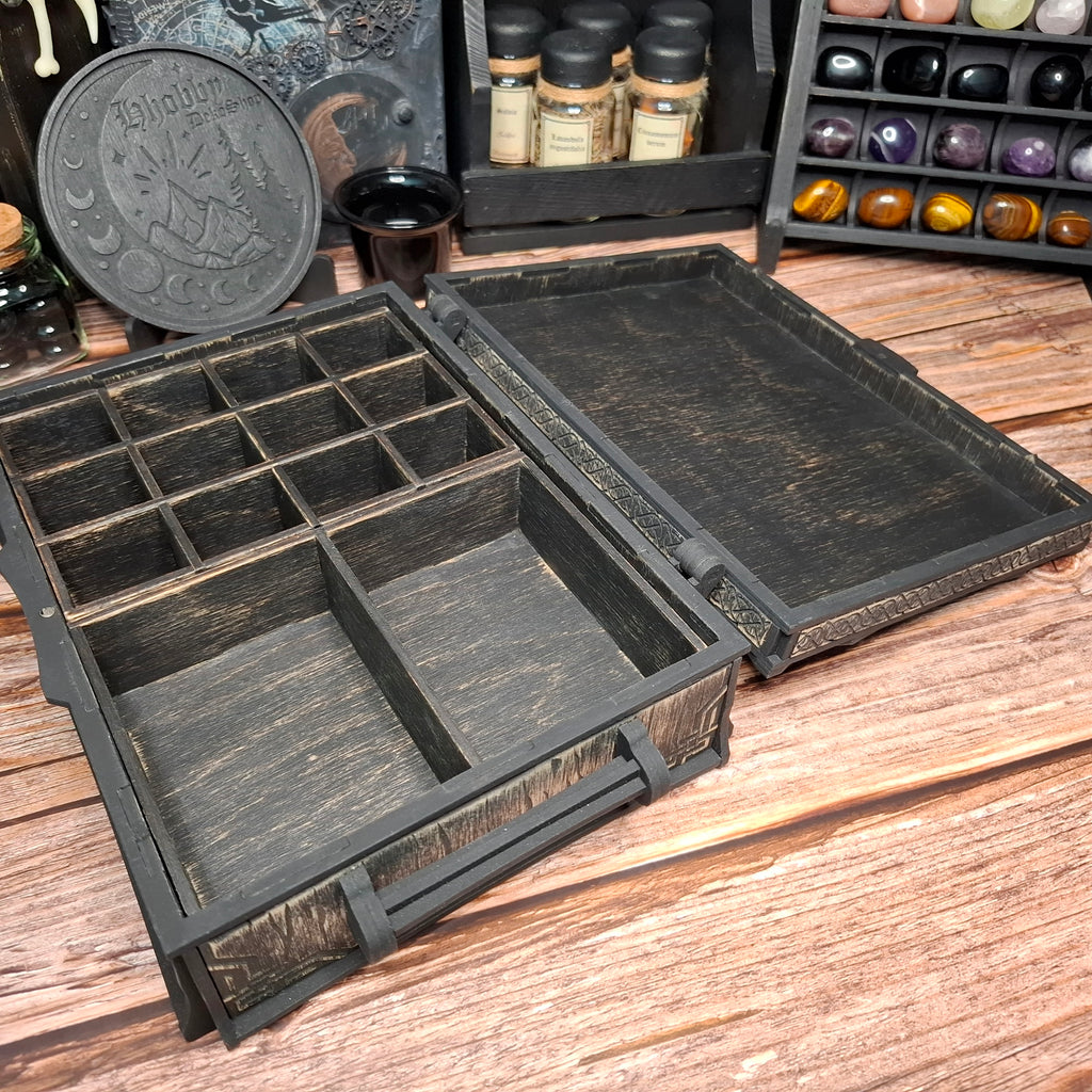 The fully opening lid provides easy access to every compartment, making the Celtic ritual storage box comfortable to use during everyday rituals and organization.
