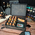 Open Celtic ritual storage box with removable compartments holding herb bottles, tarot card, and ritual tools – handcrafted wooden apothecary organizer by Enchanted Hollow
