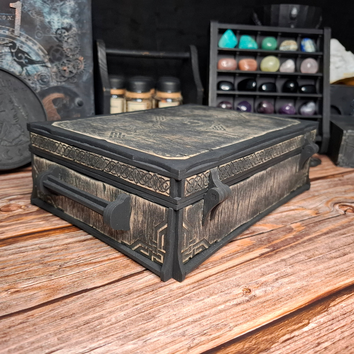 Rear view of a handcrafted Celtic ritual storage box with wooden hinges and engraved Celtic knotwork. Designed for organizing crystals, herbs, tarot accessories, and ritual tools.
