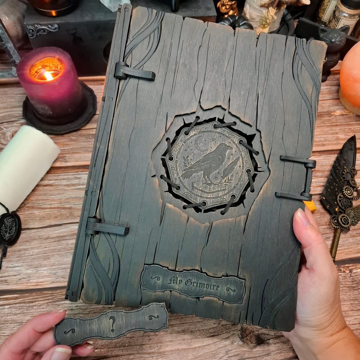 Personalizable raven book box with a custom nameplate, allowing you to choose the title, name, or inscription that best fits your magical book.