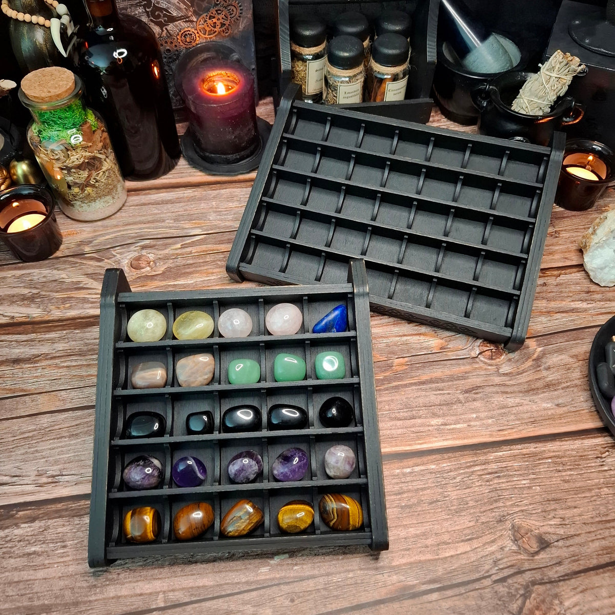 Wooden display shelf for organizing and displaying crystal collections.

