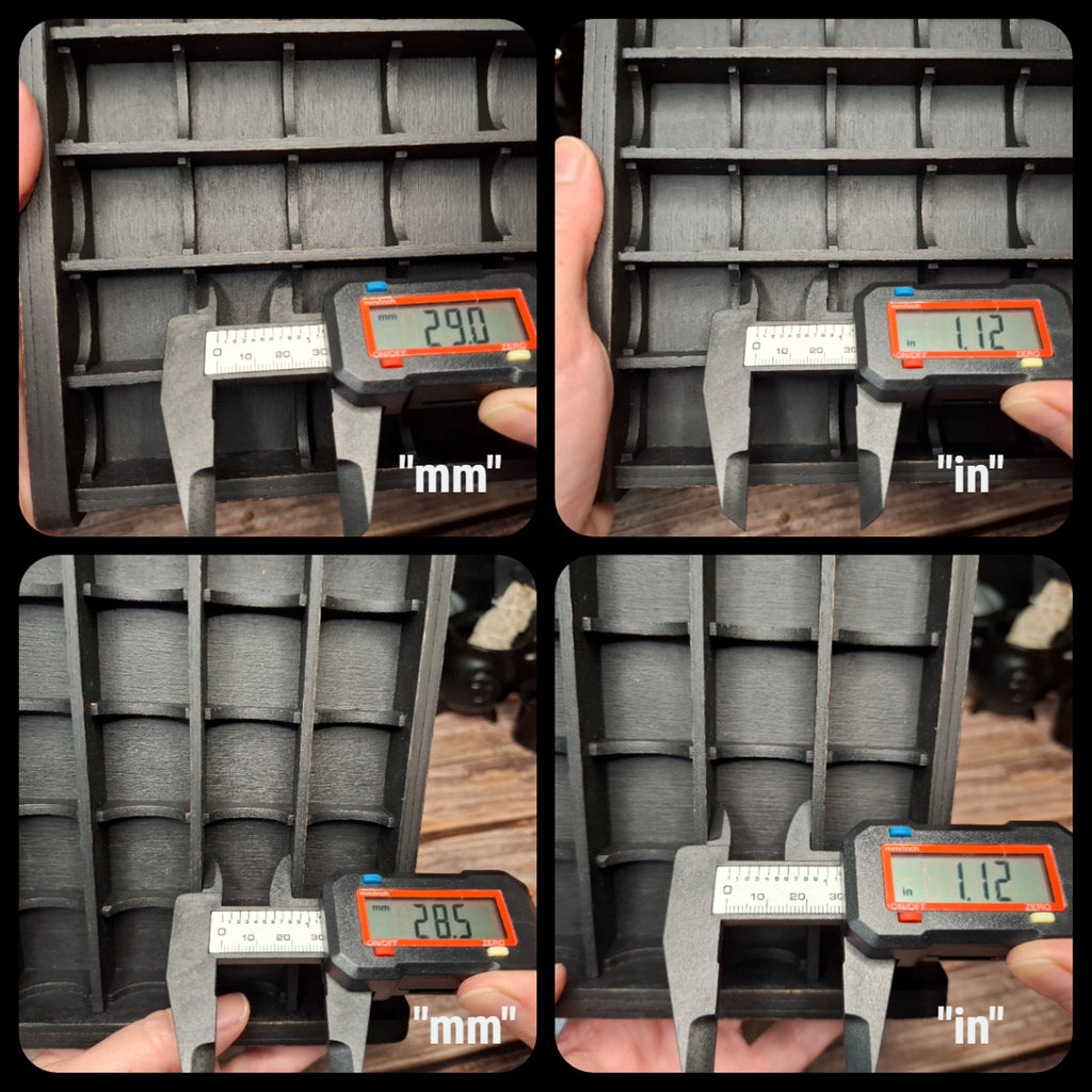 Close-up view showing compartment dimensions of the wooden crystal storage shelves.
