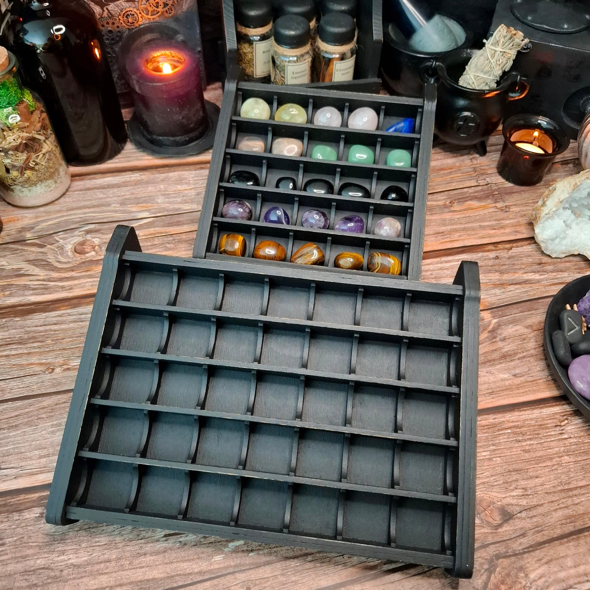 Wooden crystal storage shelves in 5x5 and 7x5 compartment layouts.
