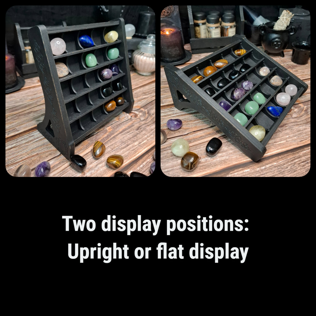 Wooden crystal storage shelf shown in upright and flat display positions.
