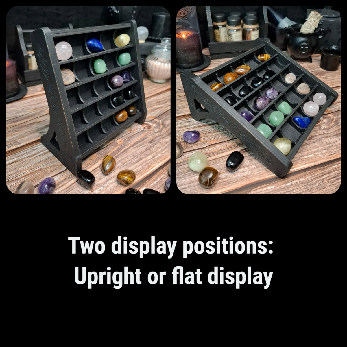 Wooden crystal storage shelf shown in upright and flat display positions.
