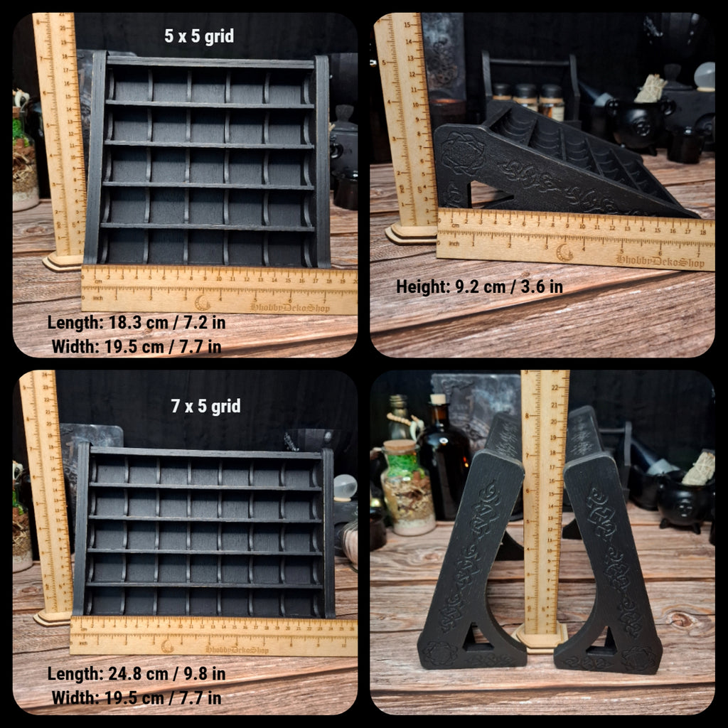 Size comparison of the 5x5 and 7x5 wooden crystal storage shelves with overall dimensions shown.
