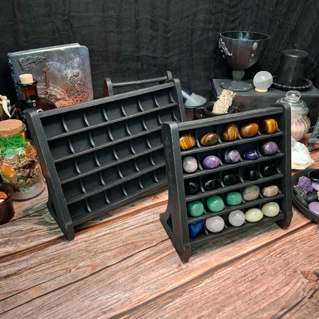 Wooden crystal storage shelves available in two different sizes.
