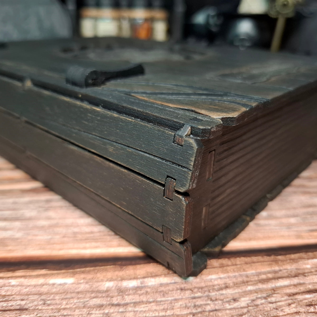 Detailed wooden joint craftsmanship on handmade book box