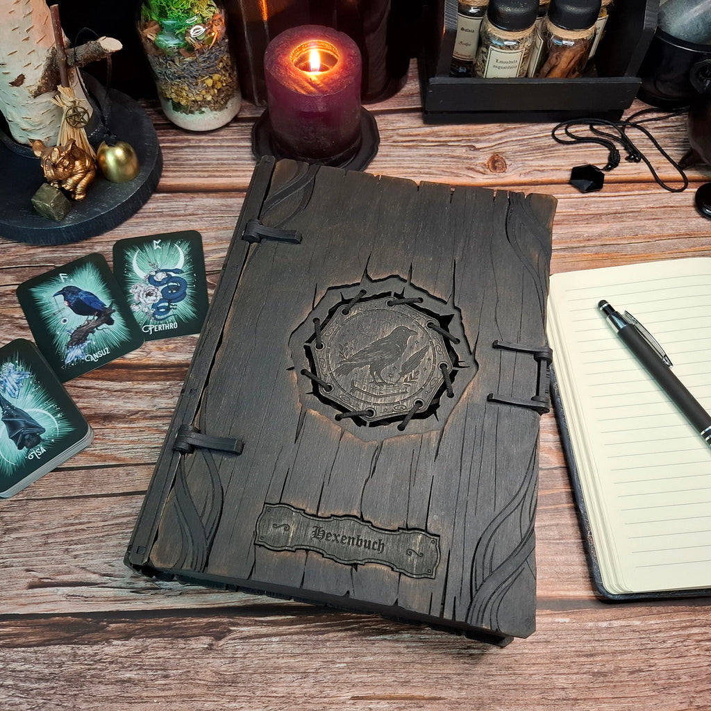 Raven grimoire book box with German “Hexenbuch” title handcrafted from wood