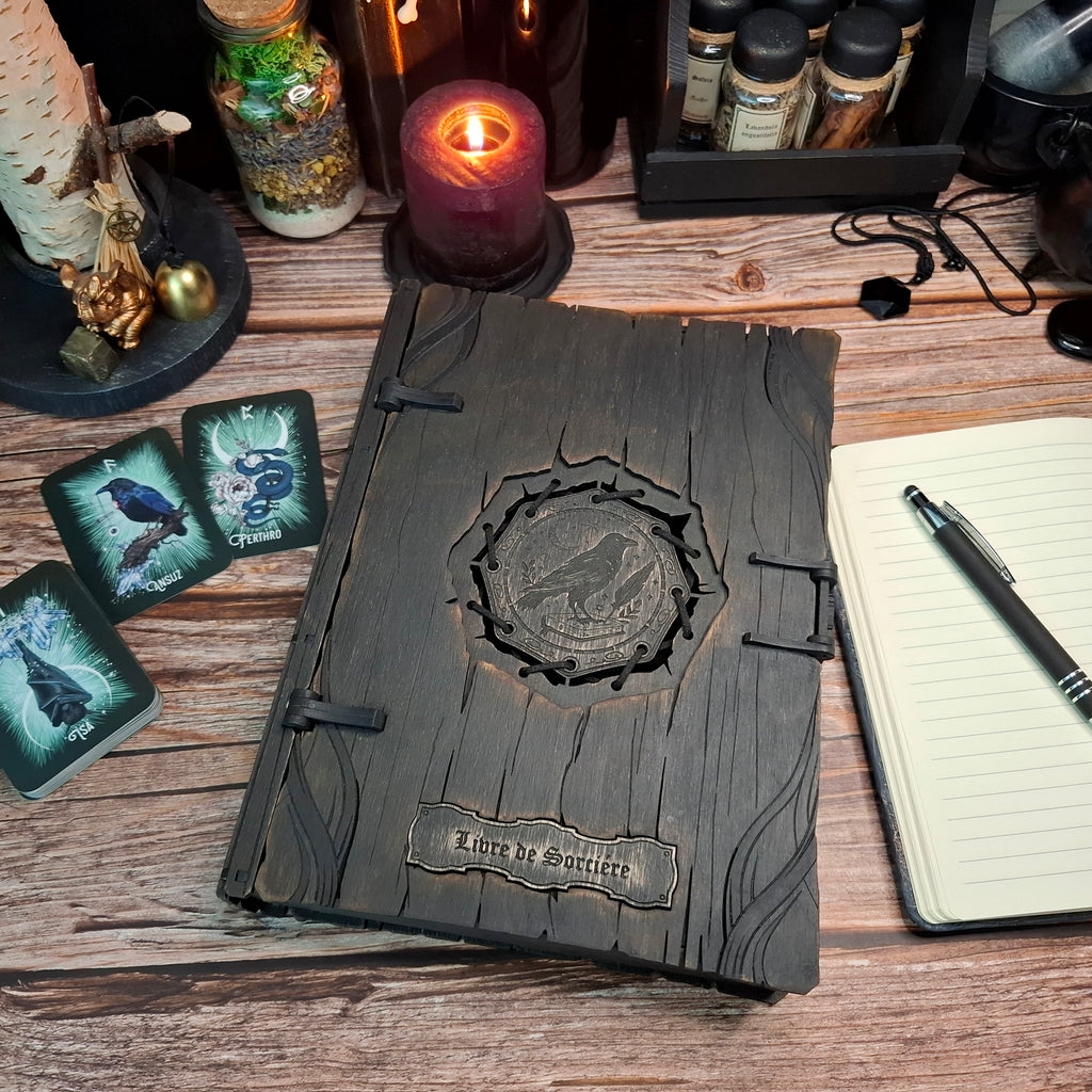 French “Livre de Sorcière” raven witch book storage box handcrafted from wood