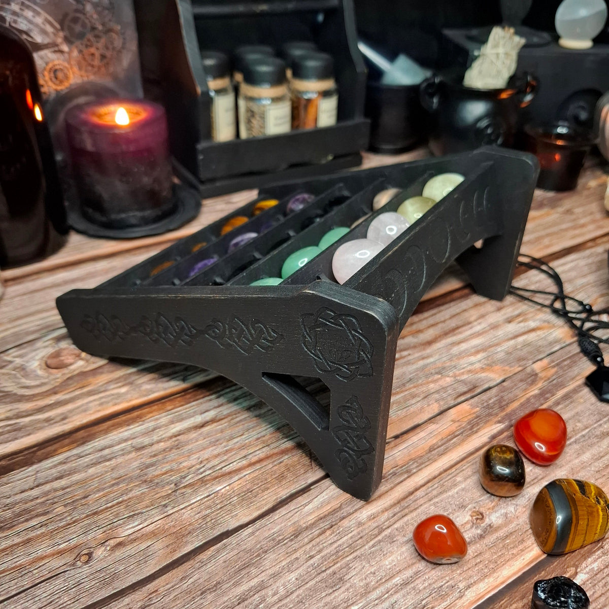 Moon phase crystal display shelf for crystals and altar decor.
