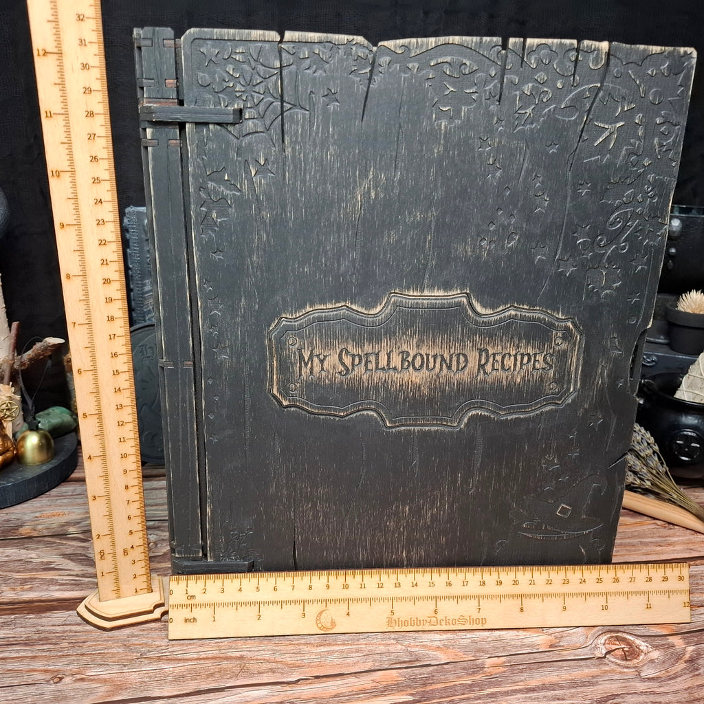 My Spellbound Recipes wooden recipe binder shown with ruler for overall size reference