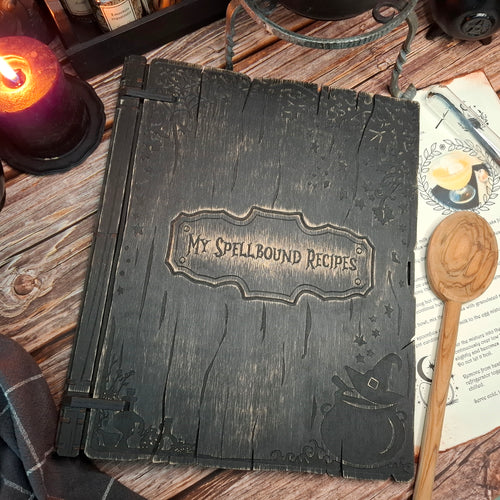 My Spellbound Recipes wooden recipe binder available in English language version
