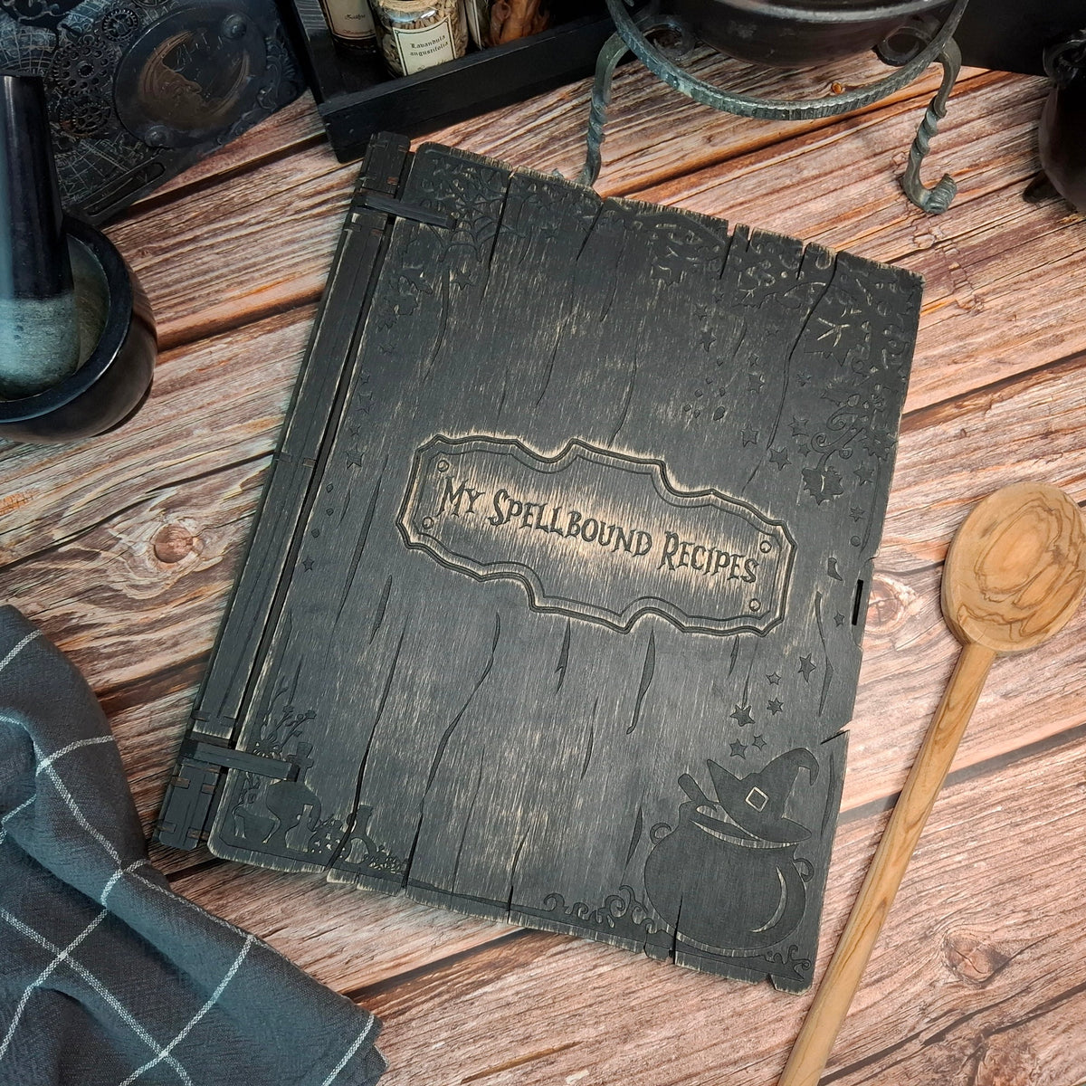 Handmade My Spellbound Recipes wooden recipe binder styled as a magical kitchen grimoire