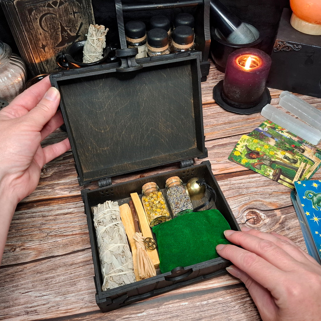Handmade wooden pentagram ritual box filled with ritual tools, crystals and small accessories