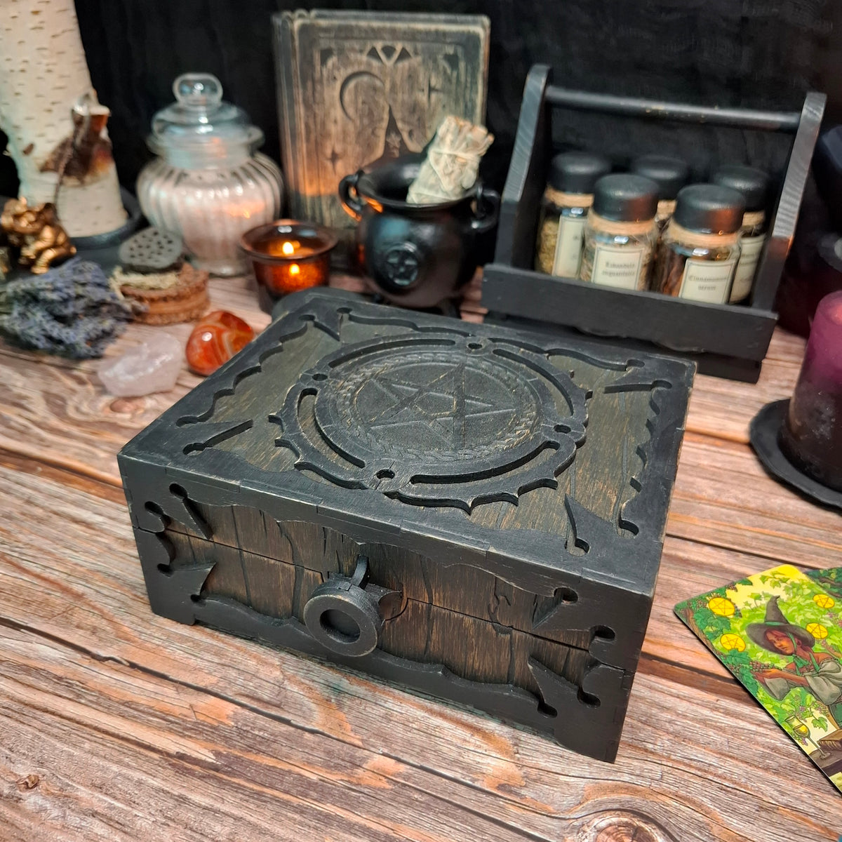 Handmade wooden pentagram ritual box highlighting handcrafted details and layered construction