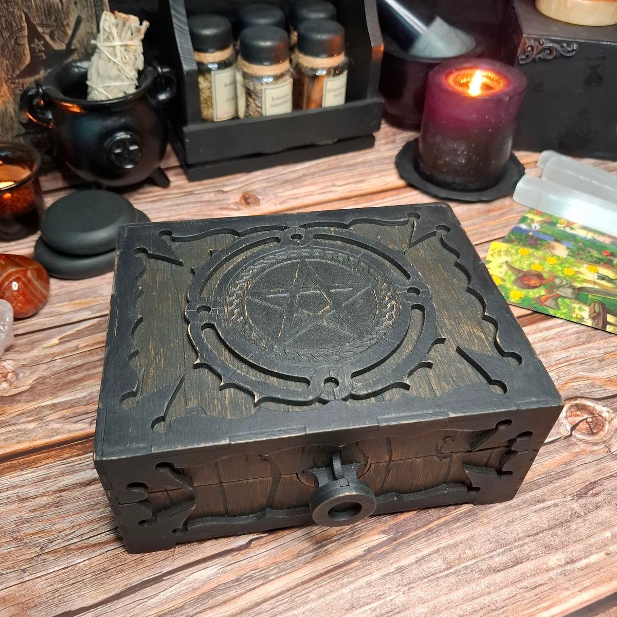 Handmade wooden pentagram ritual box with engraved lid and mystical storage design