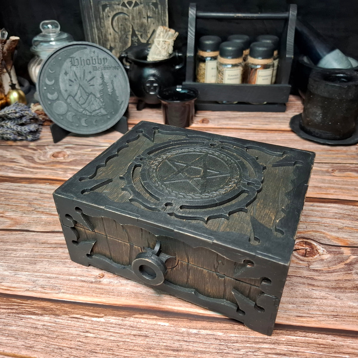 Handmade wooden pentagram ritual box displayed in a mystical altar setting