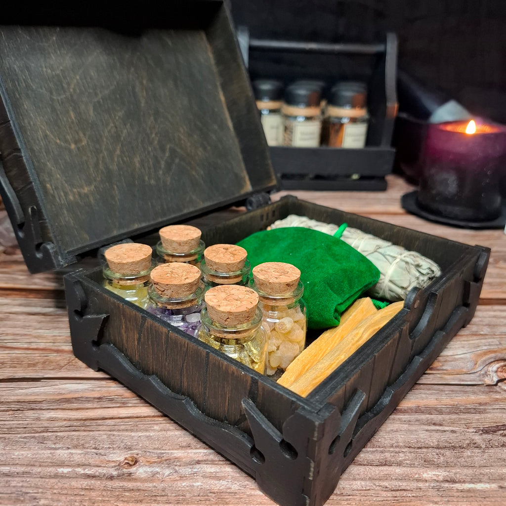 Handmade wooden pentagram ritual box displaying organized storage for ritual accessories