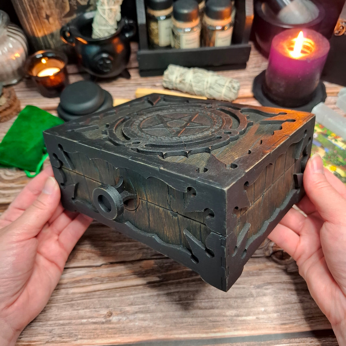 Handmade wooden pentagram ritual box shown in hand for scale and presentation