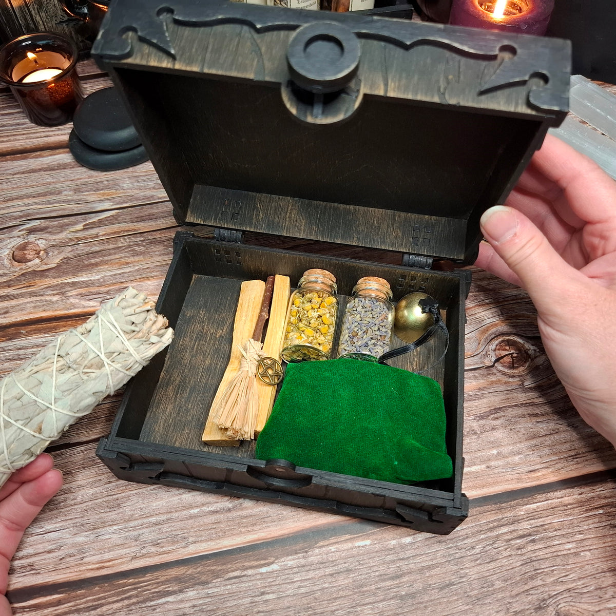 Open handmade wooden pentagram ritual box showing practical storage possibilities