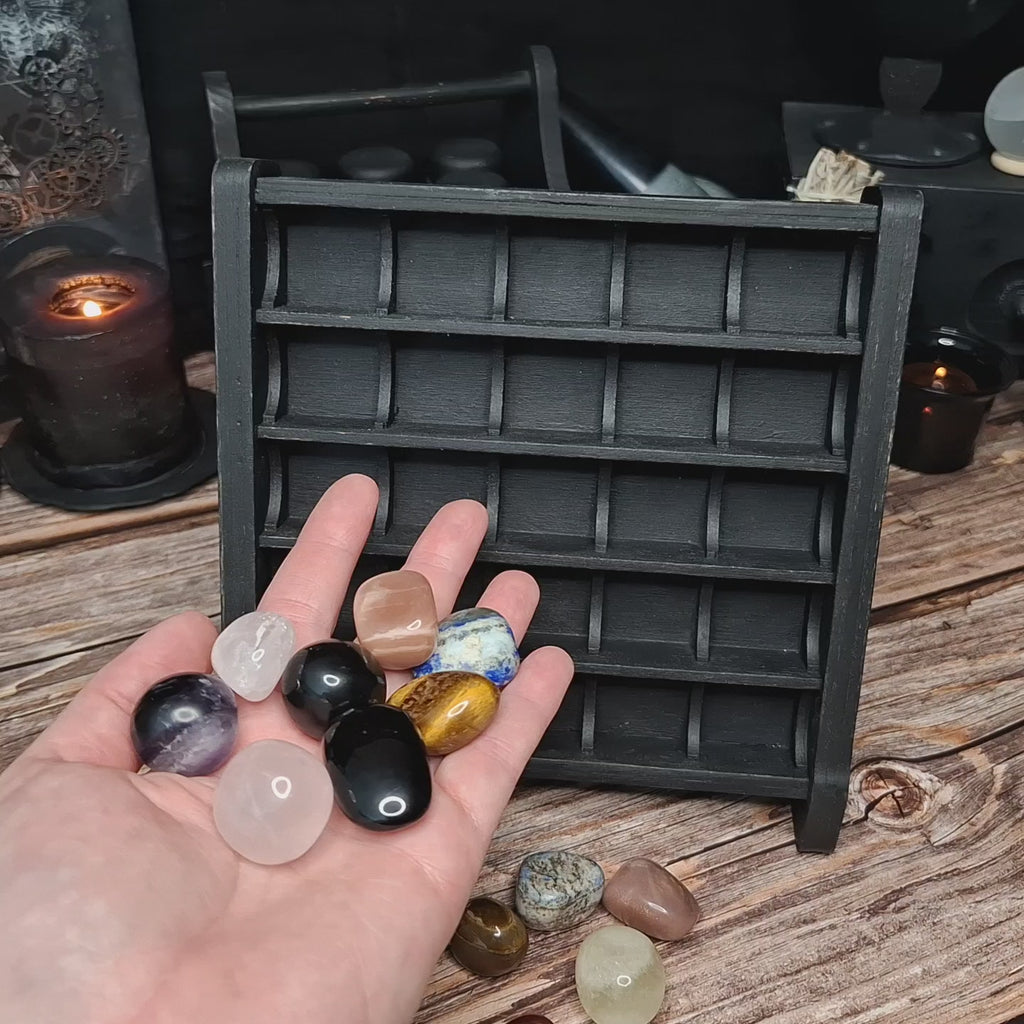 Crystal Organizer Stand for Tumbled Stones – Wooden Crystal Display & Altar Storage