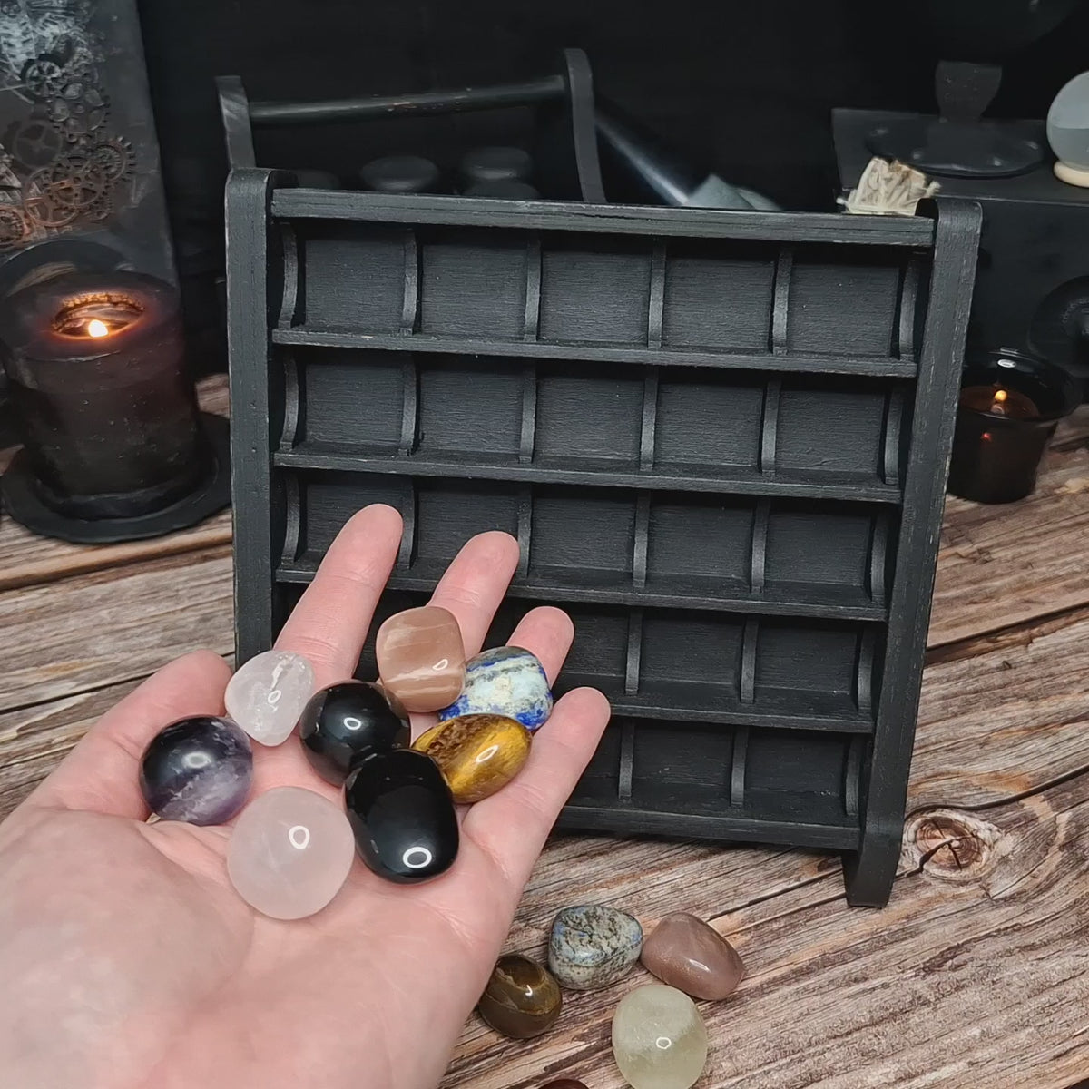 Crystal Organizer Stand for Tumbled Stones – Wooden Crystal Display & Altar Storage