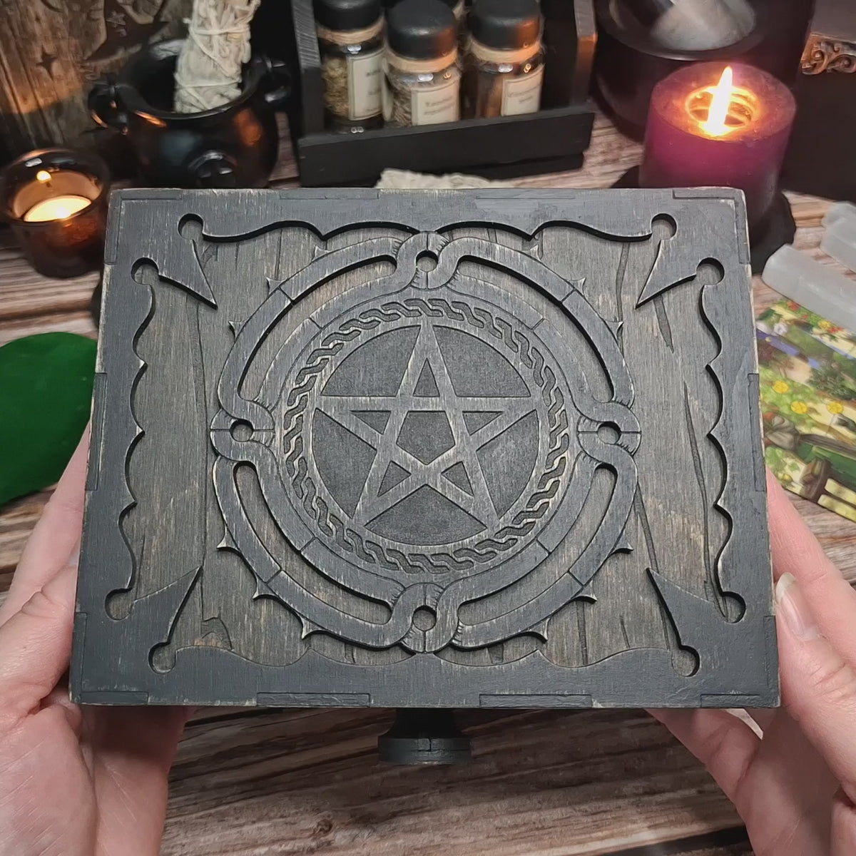 Demonstration of the handmade wooden pentagram ritual box, showing the interior storage space and practical use