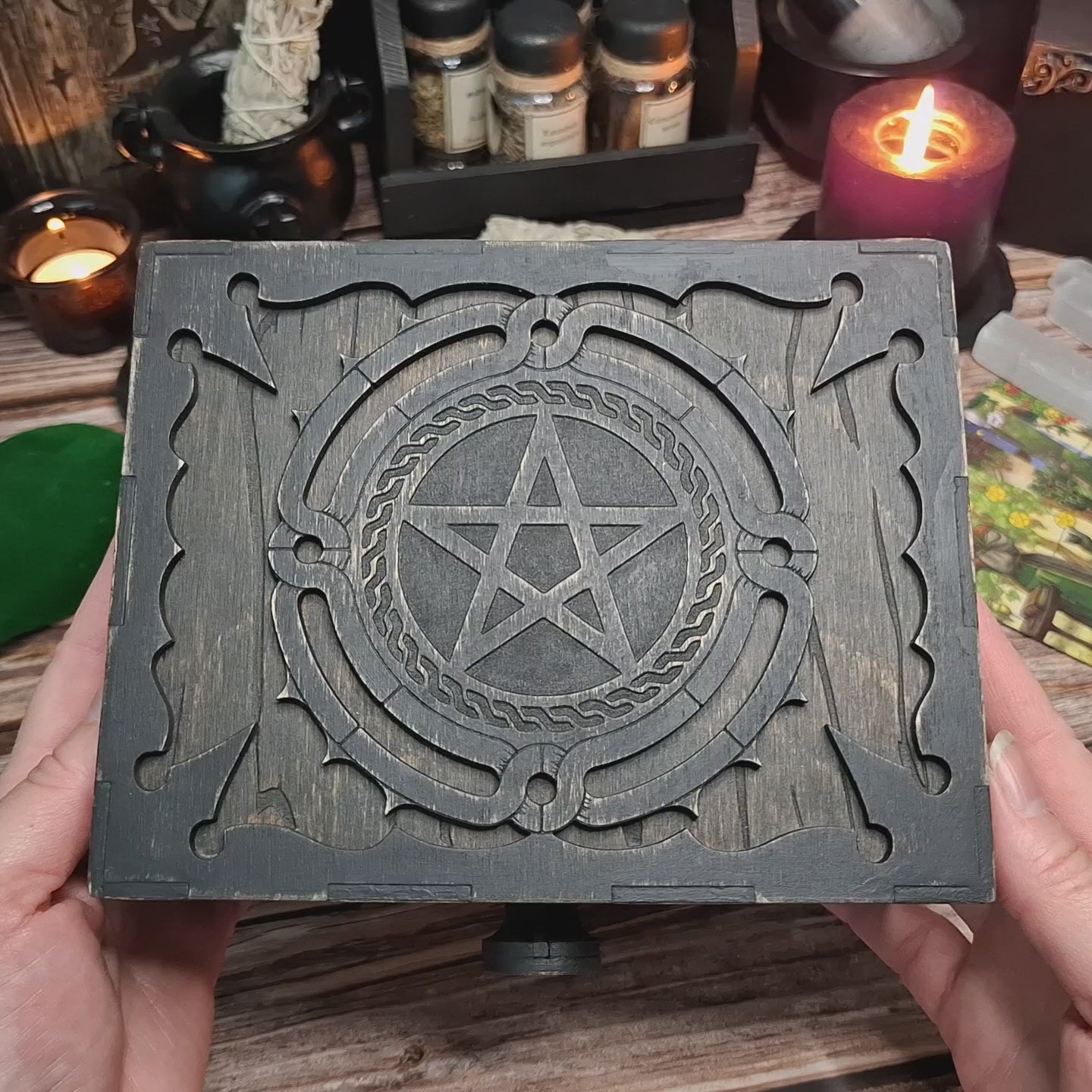 Demonstration of the handmade wooden pentagram ritual box, showing the interior storage space and practical use