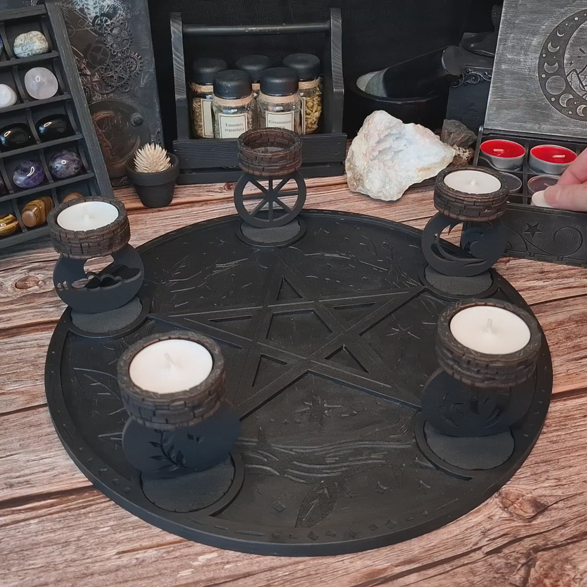 Demonstration of the handmade wooden ritual altar tray and tea light candle holders in use
