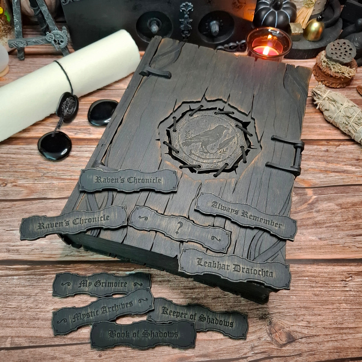 Personalizable raven book box with a selection of pre-designed nameplate options, allowing you to choose the title that best matches your magical book.