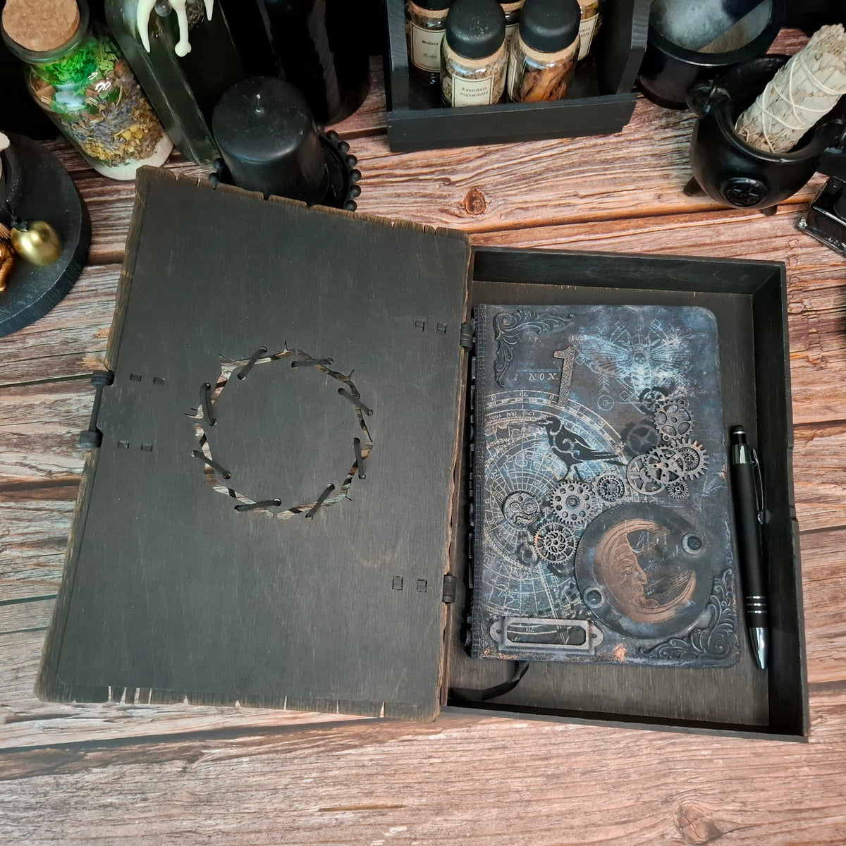 Wooden raven witch book box with journal and pen inside
