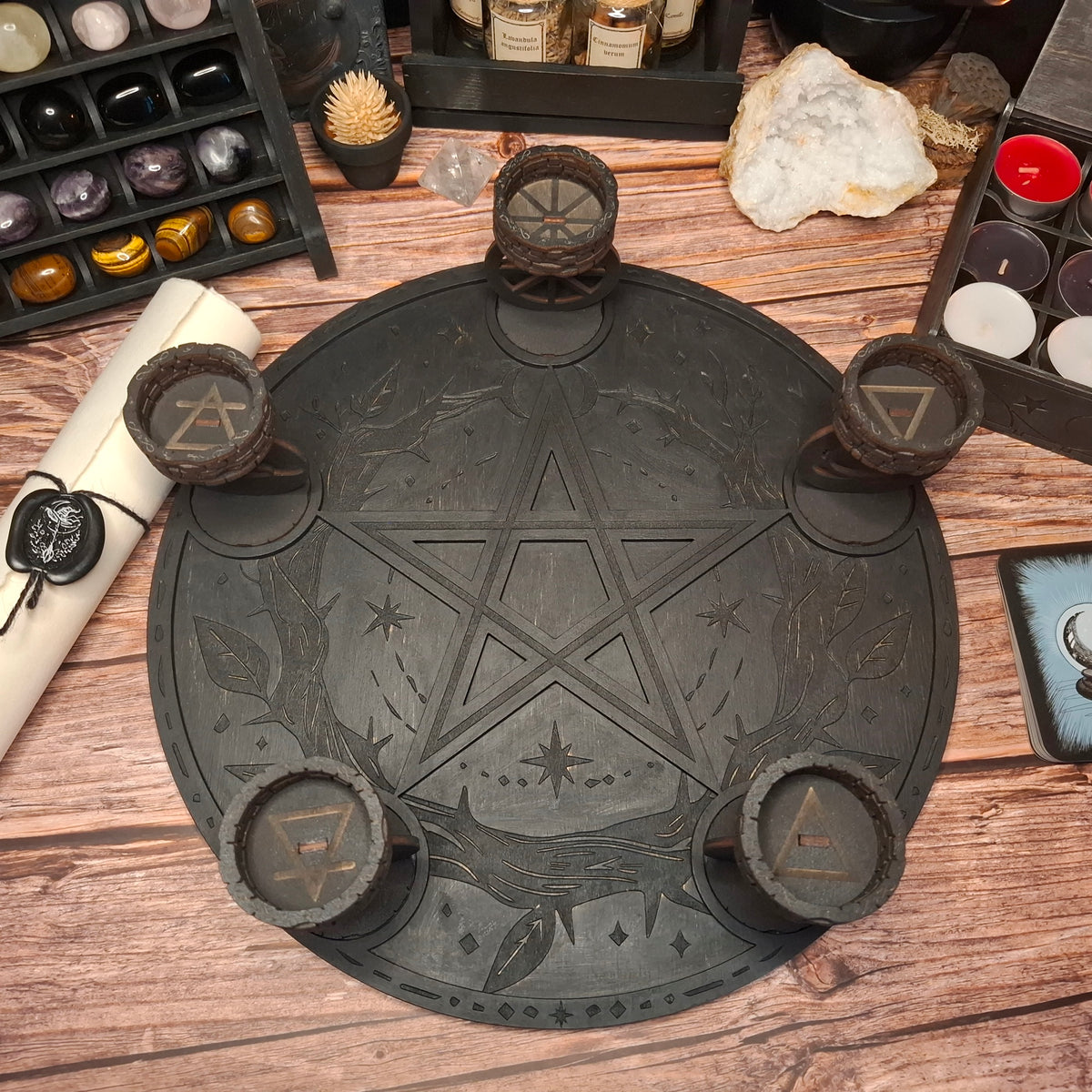 Handmade wooden ritual altar tray displayed with five matching elemental candle holders