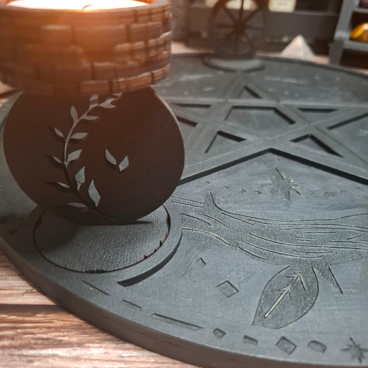 Detailed engraving along the edge of a handmade wooden ritual altar tray