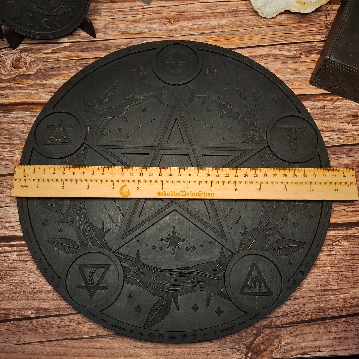 Handmade wooden ritual altar tray shown with ruler for size reference