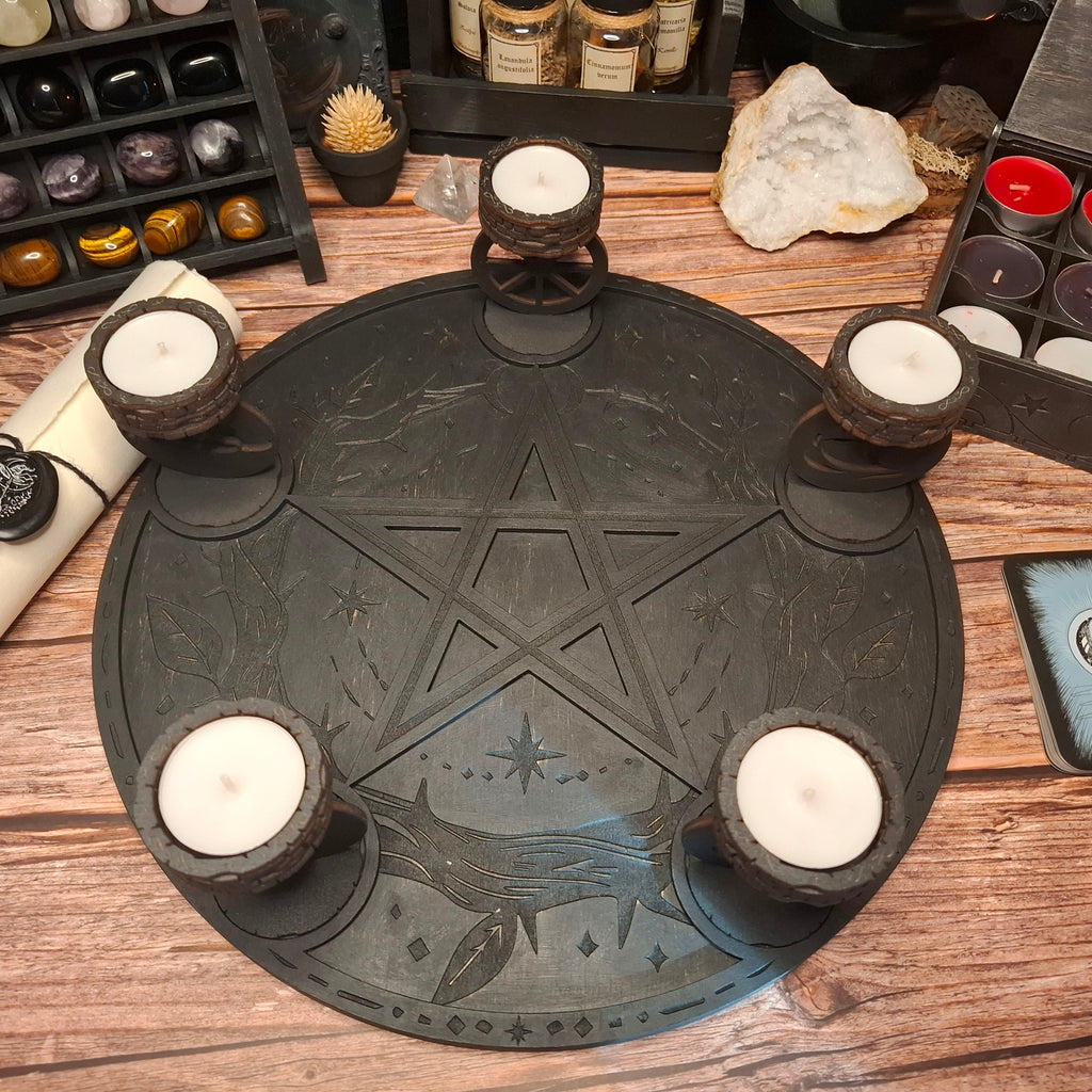 Handmade wooden ritual altar tray arranged with tea light candle holders for ritual and meditation use