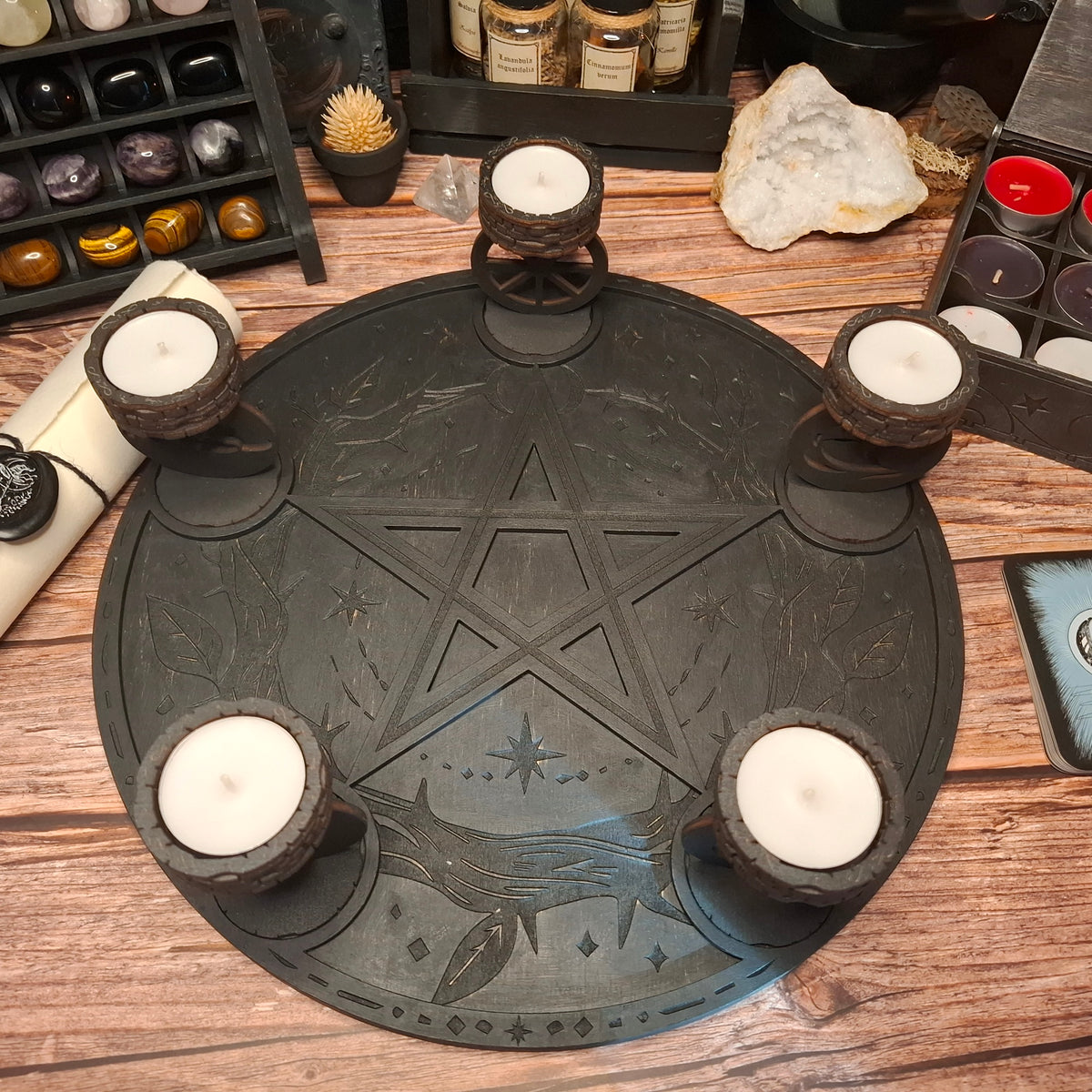 Handmade wooden ritual altar tray arranged with tea light candle holders for ritual and meditation use