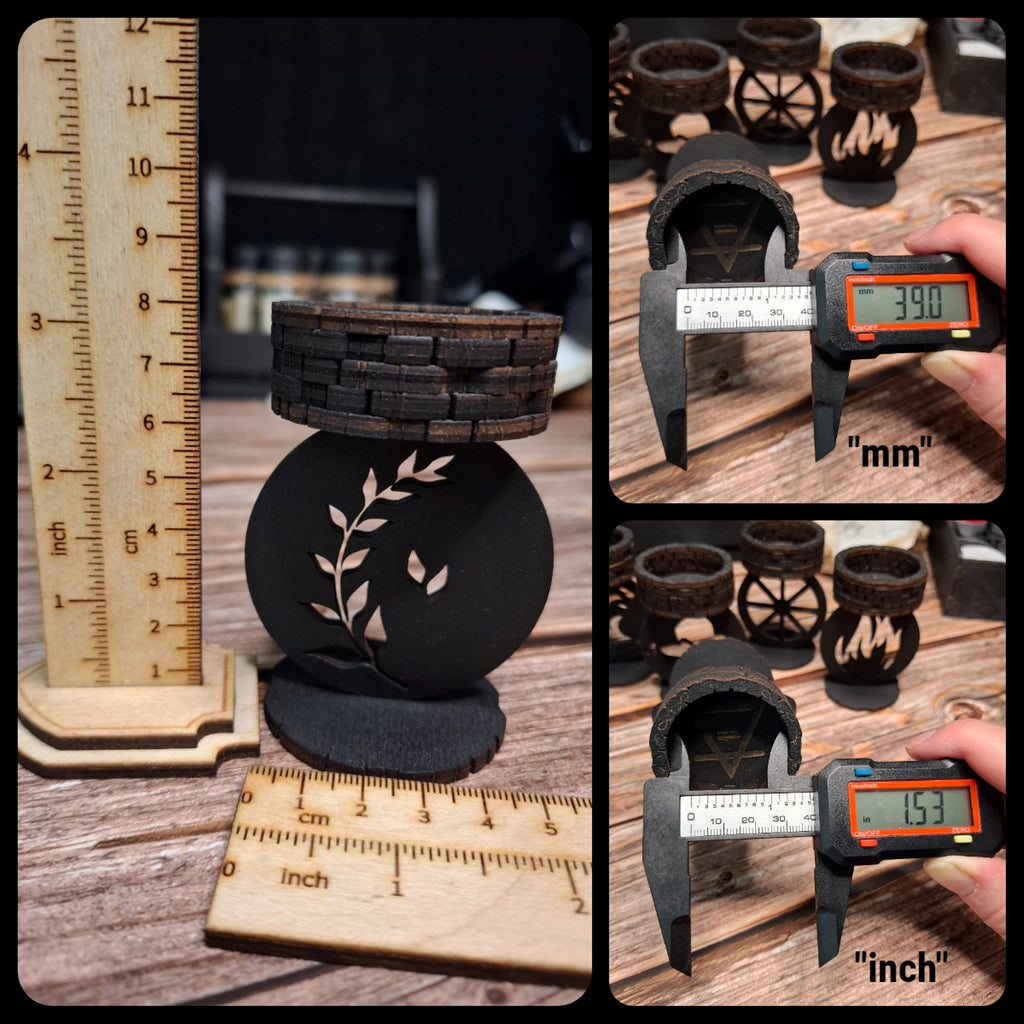 Dimensions of handmade wooden ritual candle holder shown with measuring tools