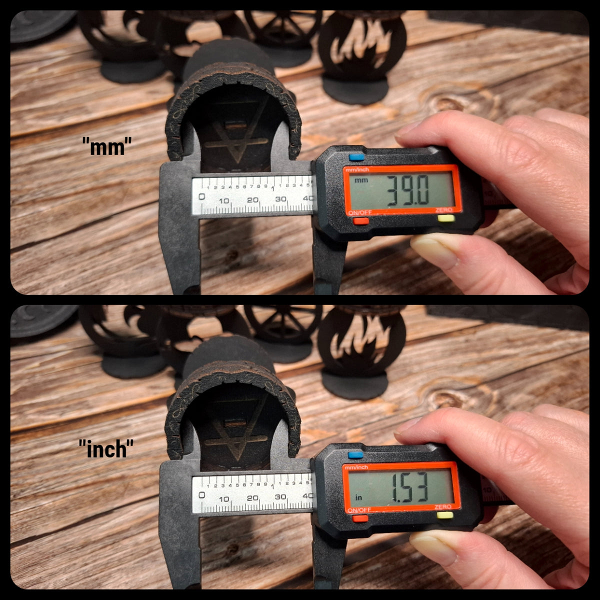 Close-up dimensions of a handmade wooden tea light candle holder