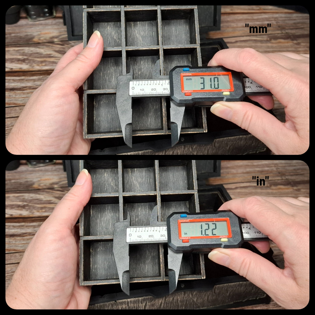 Digital caliper measuring the interior width of the small compartments inside the removable organizer, helping you see exactly what fits.
