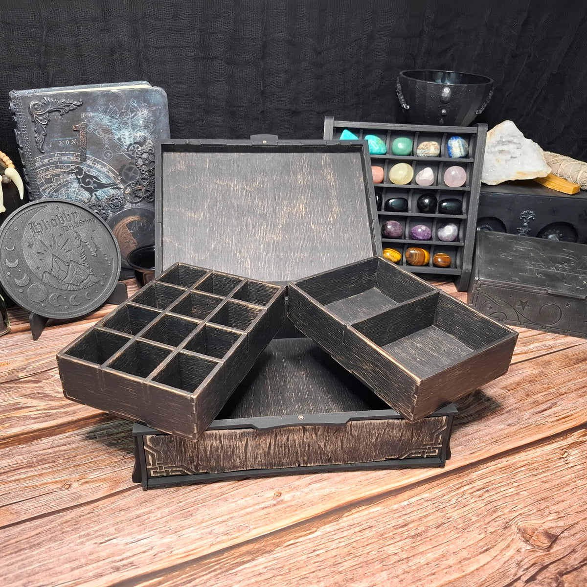 Both removable interior organizers displayed outside the Celtic ritual storage box, offering dedicated storage for crystals, herbs, ritual tools, and small bottles.
