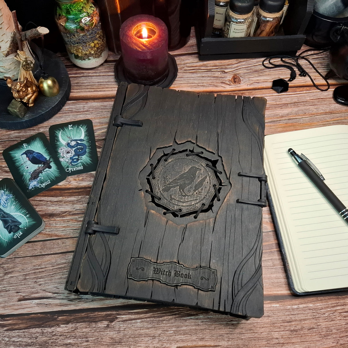 Handcrafted raven witch book box with English “Witch Book” title on the wooden cover