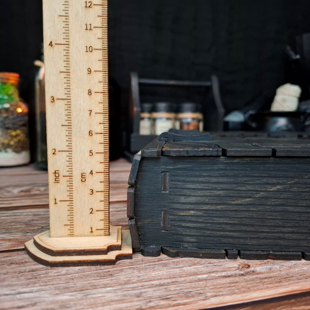 Depth measurement of handmade wooden grimoire storage box